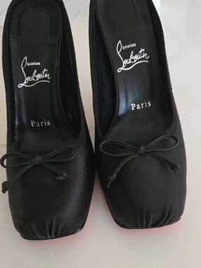 Christian Louboutin Black Satin New Style Square-Toe Pumps with Bow